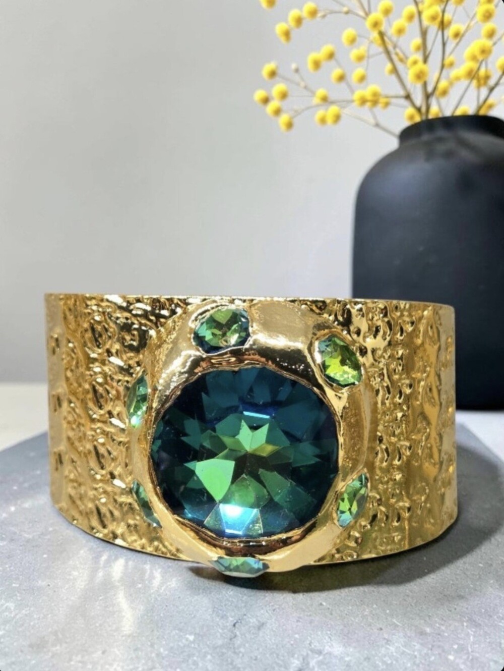 Gold Plated Hammered Emerald AB Austrian Crystal Candy Dopamine Cuff Bracelet